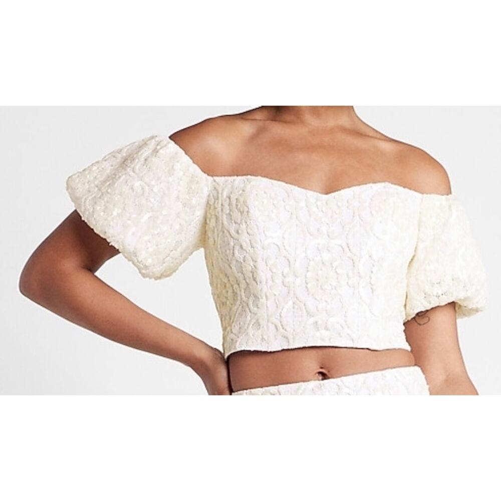 Sequin Embroidered Top Puff Sleeve Off the Shoulder Ivory Cropped Women’s Size S